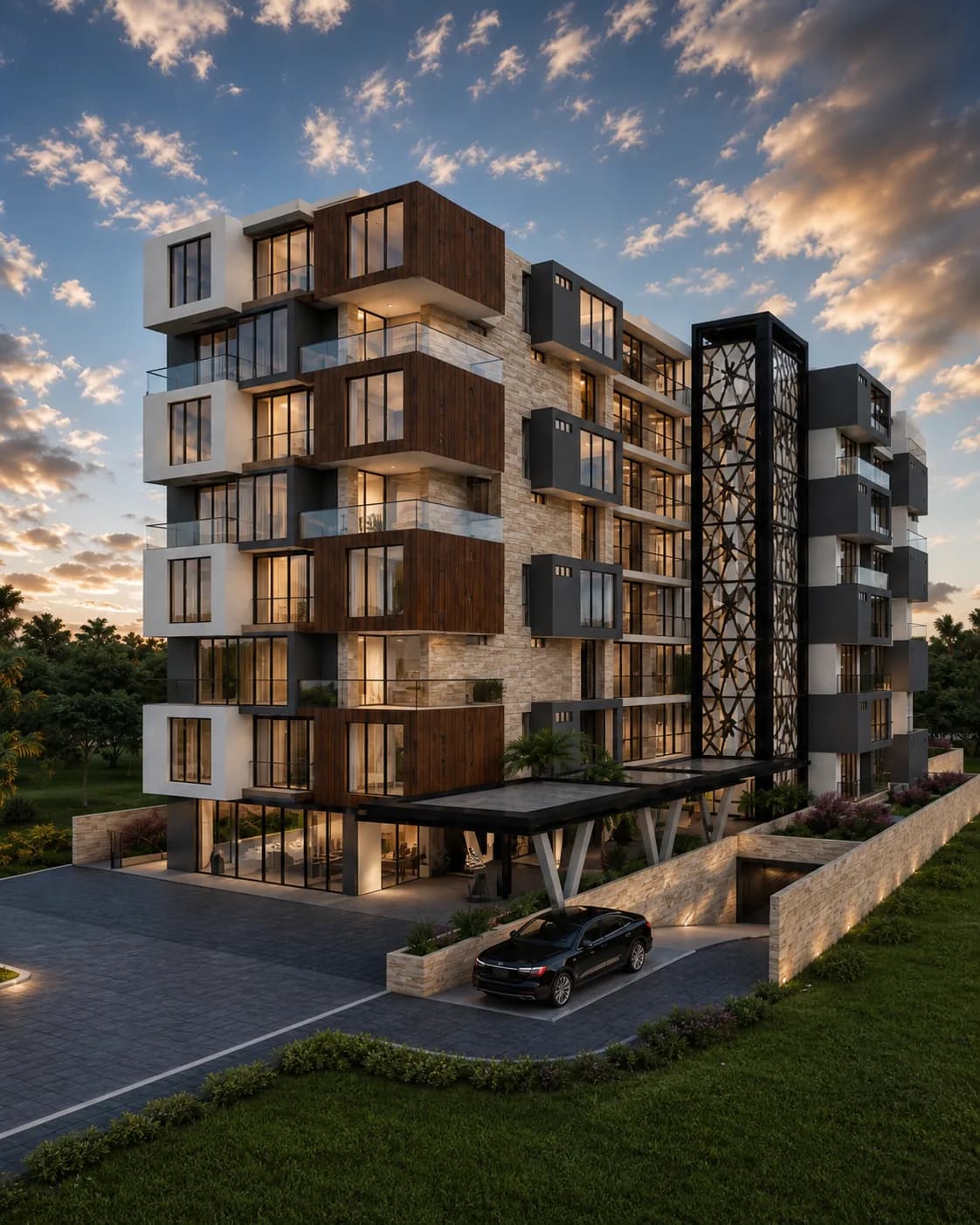 Fachada de 125 Garden Suites al atardecer